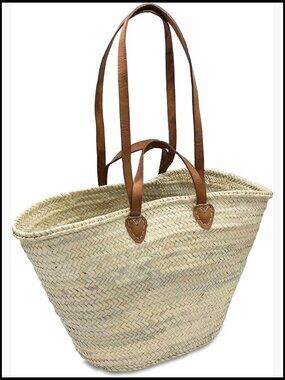 Handwoven Straw Tote with Double Leather Handles, Summer Beach Market Basket